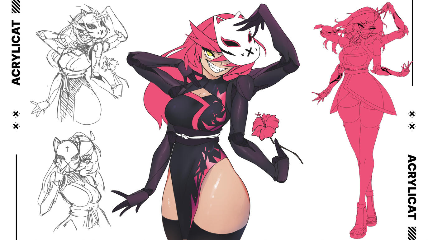Sketches and illustration of the U4RIA mascot: a mischievous cyborg ninja.
